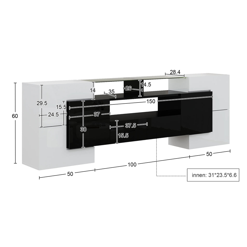 Meuble TV 200x35x60 cm Blanc Haute Brillance – Surface Verre | LED | 60 kg | Design Moderne | Salon