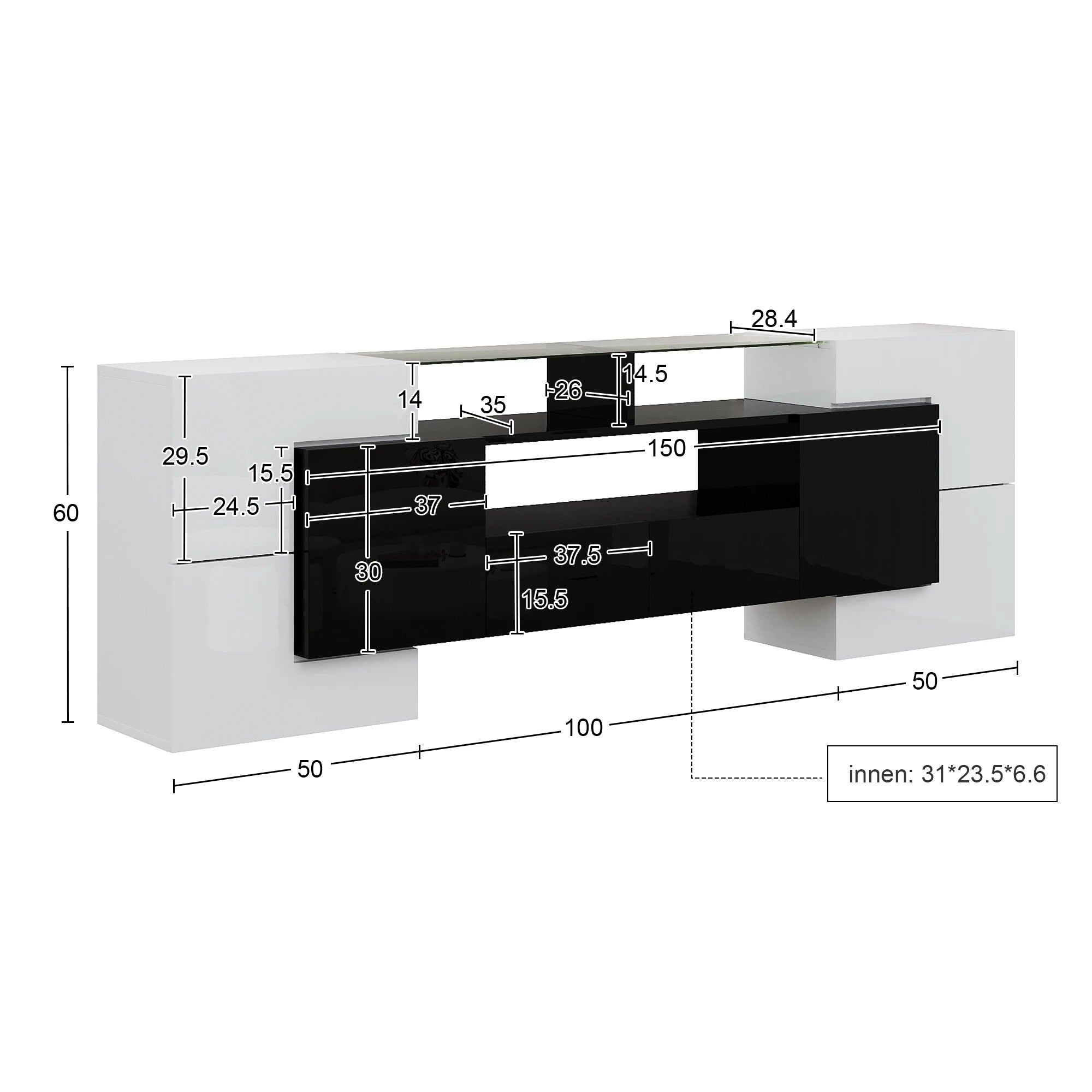 Meuble TV 200x35x60 cm Blanc Haute Brillance – Surface Verre | LED | 60 kg | Design Moderne | Salon