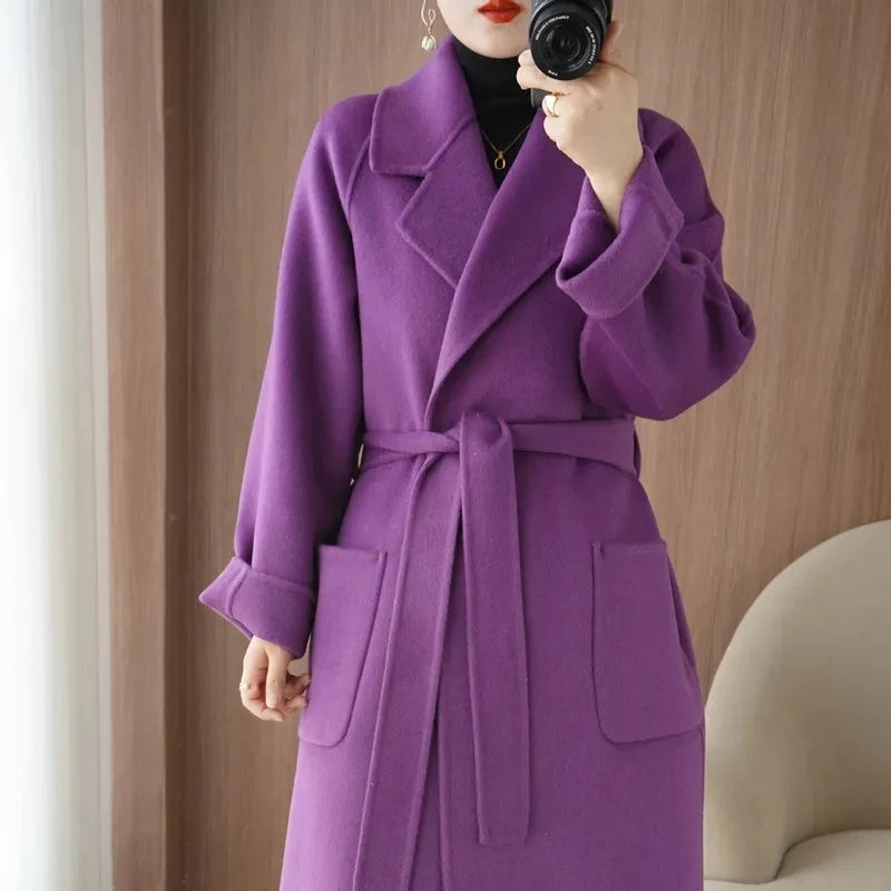 LANMREM Popular 2025 High End Water Ripple Double-sided Wool Coat Women Long Bathrobe Style Autumn Winter Coat For Female 2A462