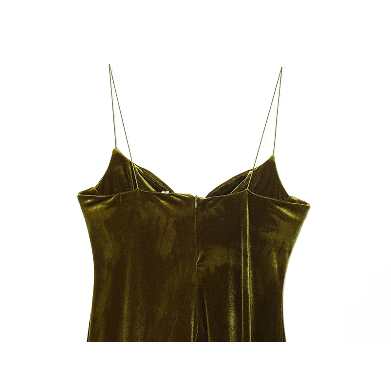 Robe Longue Velours Vert Bouteille – Dos Nu, Bretelles, Coupe A-Line Élégante
