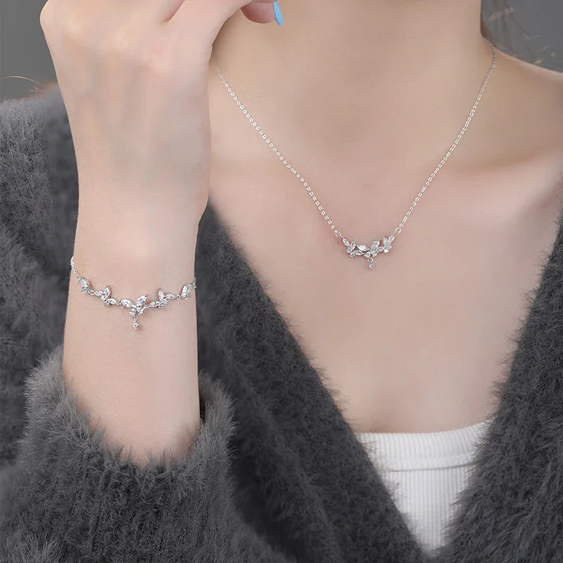 925 Sterling Silver Necklace and Bracelet Set with Zircon Butterfly Shaped Sweet and Fashionable Set Jewelry Gifts for Women