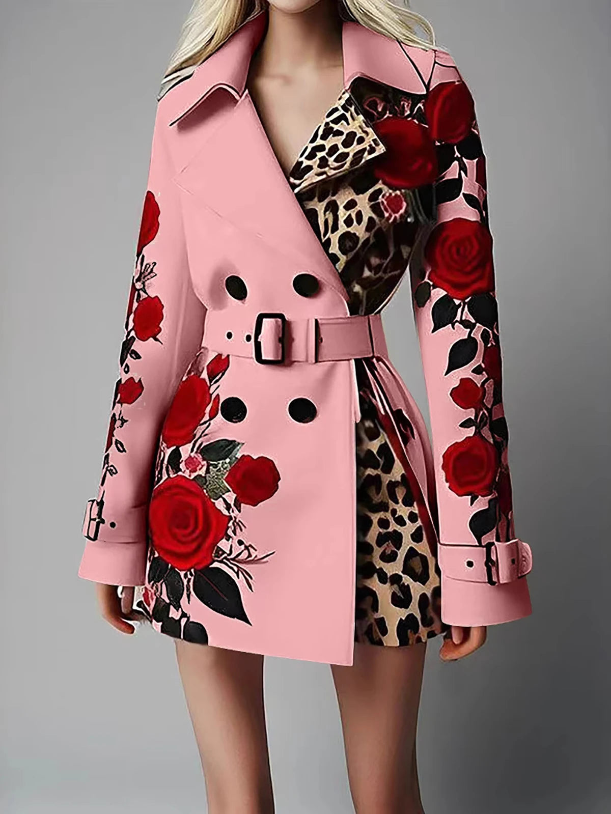 Women's Chic Trench Coat Red Rose Leopard Print Double Breasted Belted Lapel Long Sleeve Casual Outerwear Winter Female Jackets