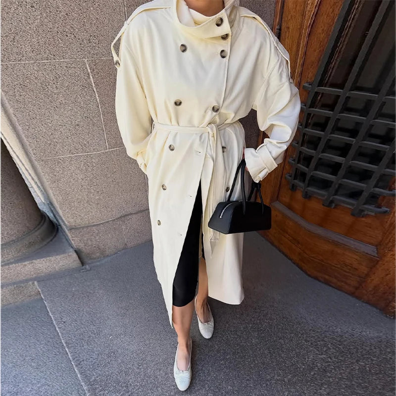 Button Front Women's Coat Stand Collar Long Trench Coat Solid Loose Trench Coat Daily Fashion Commuter Wear 2026 Collection