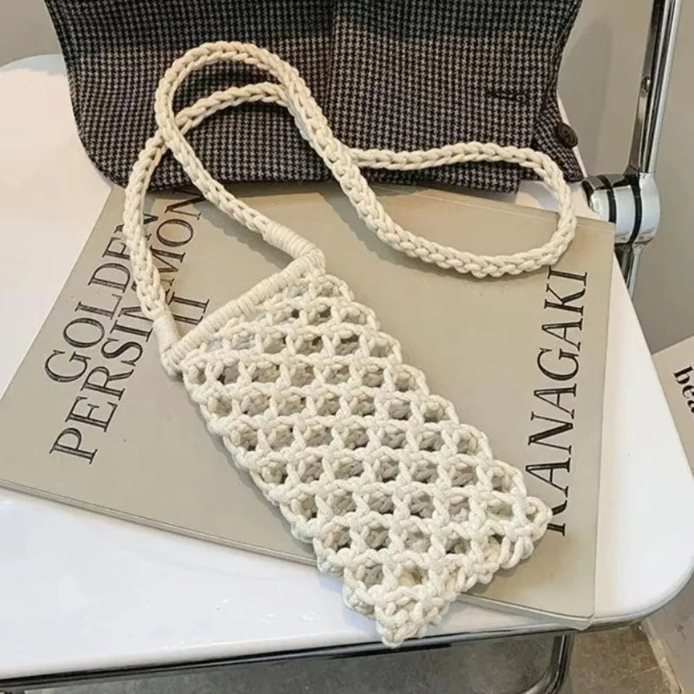 Fashion Portable Crossbody Phone Bag Hollow-out Woven Solid Color Shoulder Bags Crochet Lightweight Phone Purse Gifts