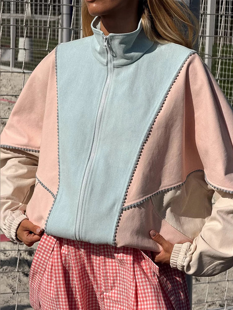 Casual Women's Denim Jacket Loose Stand Collar Long Sleeve Zipper Pocket Elastic Hem Solid Coat 2026 Autumn Lady Fashion Jackets