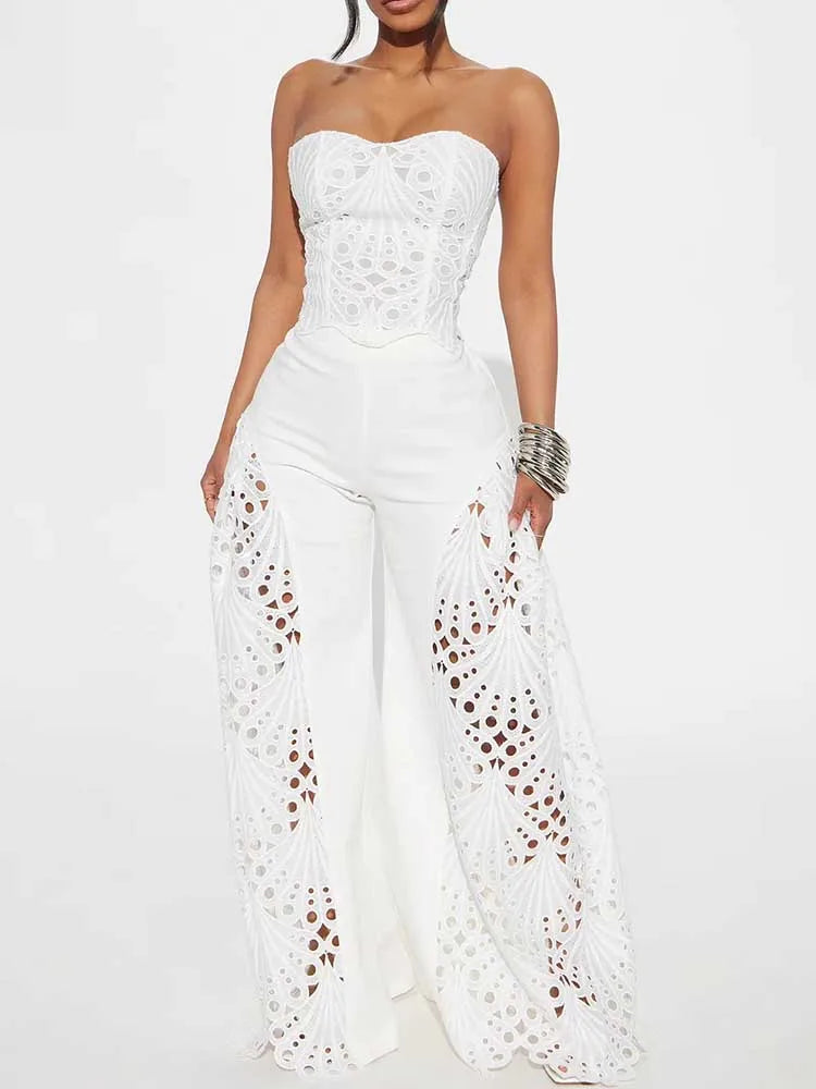 Ensemble Deux Pièces Femme – Top Bustier Dentelle Col V & Pantalon Large Été
