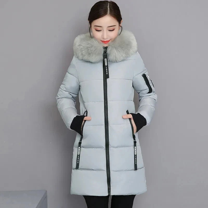 2026 Winter New Korean Cotton Jacket Women's Medium Long Big fur collar Coat Female Cotton Thicken Warm Hooded Parker Overcoat