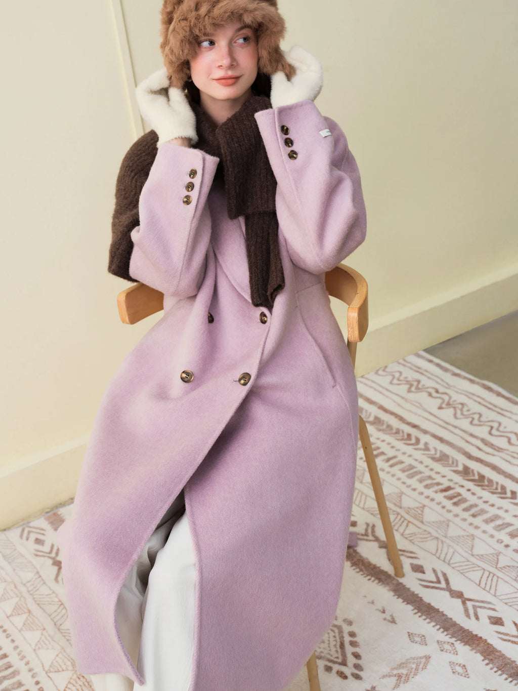 FSLE – Manteau Long Femme Double Face Laine & Poil de Chameau, Coupe Élégante, Hiver 2025