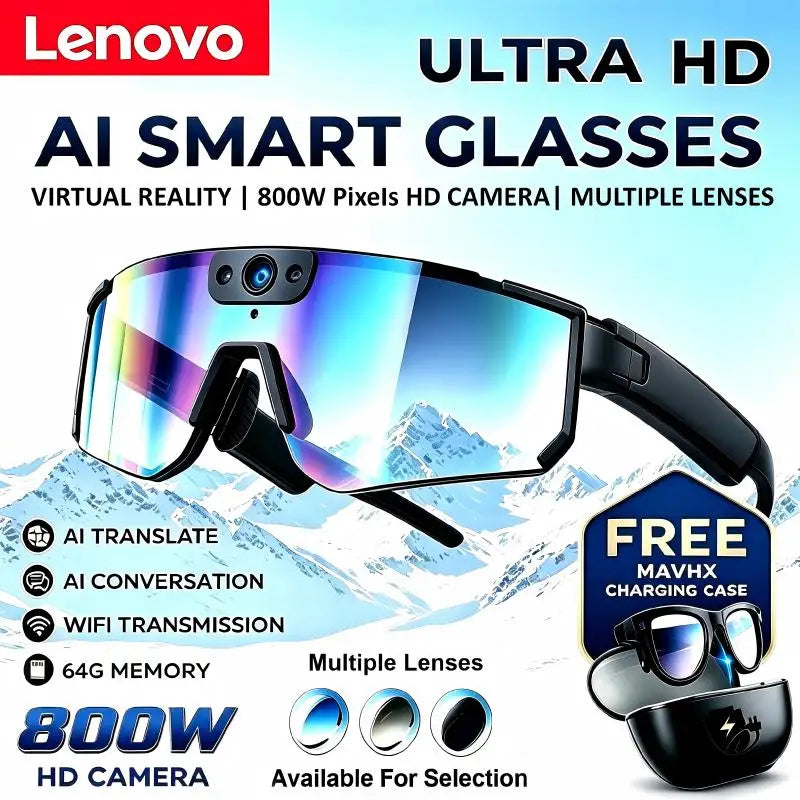 Lenovo AI Smart Glasses ChatGPT 800W HD Camera Anti-shake Cycling Video&Photo Sport Sunglasses Dual Mic 64GB Windproof Goggles