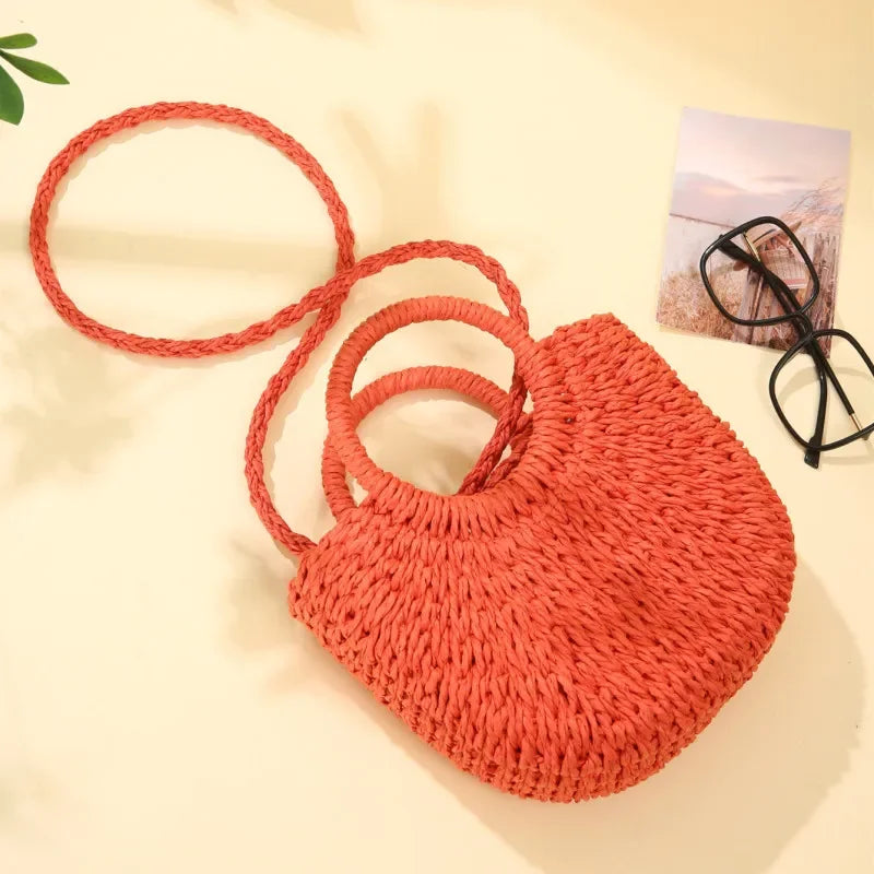 Sac de Plage en Paille Tressée Demi-Lune – Grande Capacité, Bandoulière & Épaule