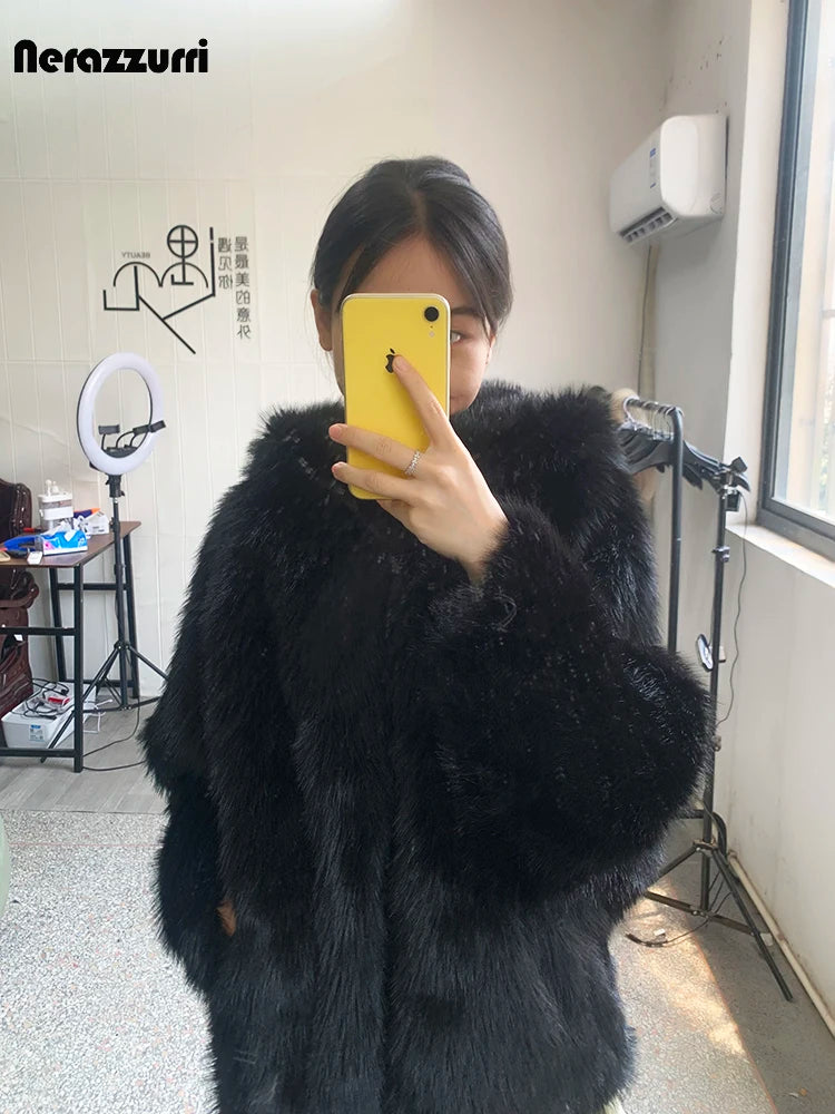 Nerazzurri – Manteau Fausse Fourrure Femme À Capuche, Oversize Chaud & Moelleux, Hiver Casual