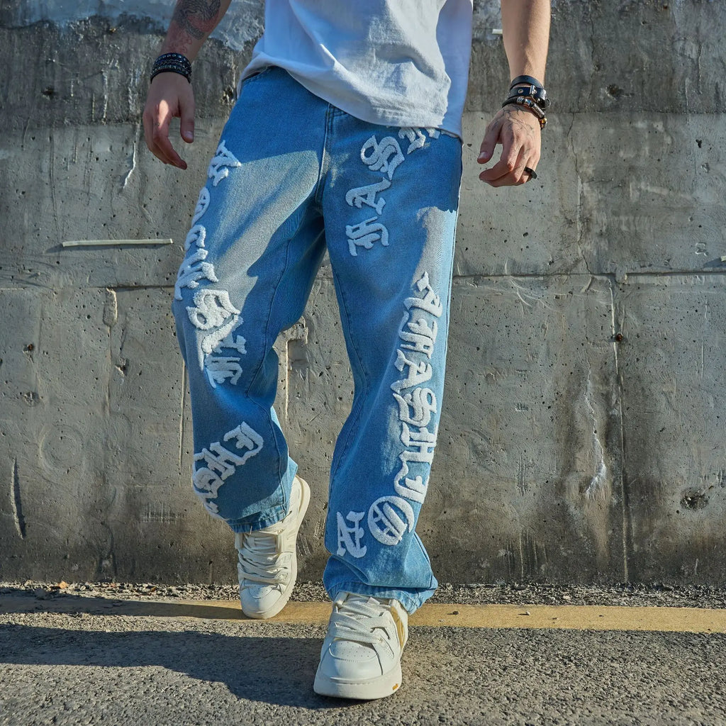 Jean Droit Loose Homme Casual Tendance Denim Stretch Gris & Bleu Washed | XS-XXL
