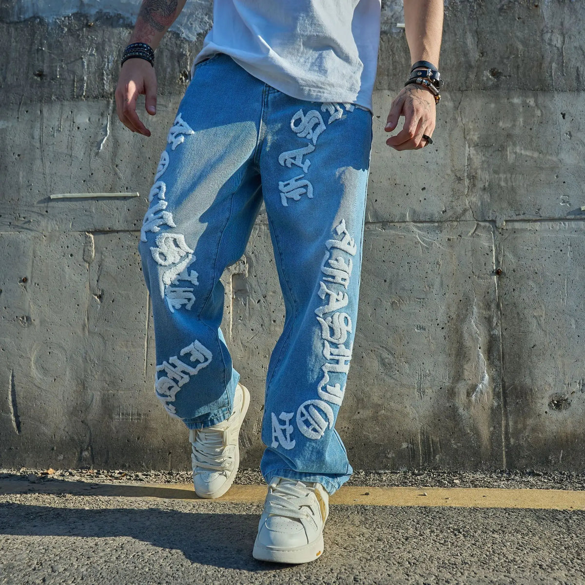 Jean Droit Loose Homme Casual Tendance Denim Stretch Gris & Bleu Washed | XS-XXL