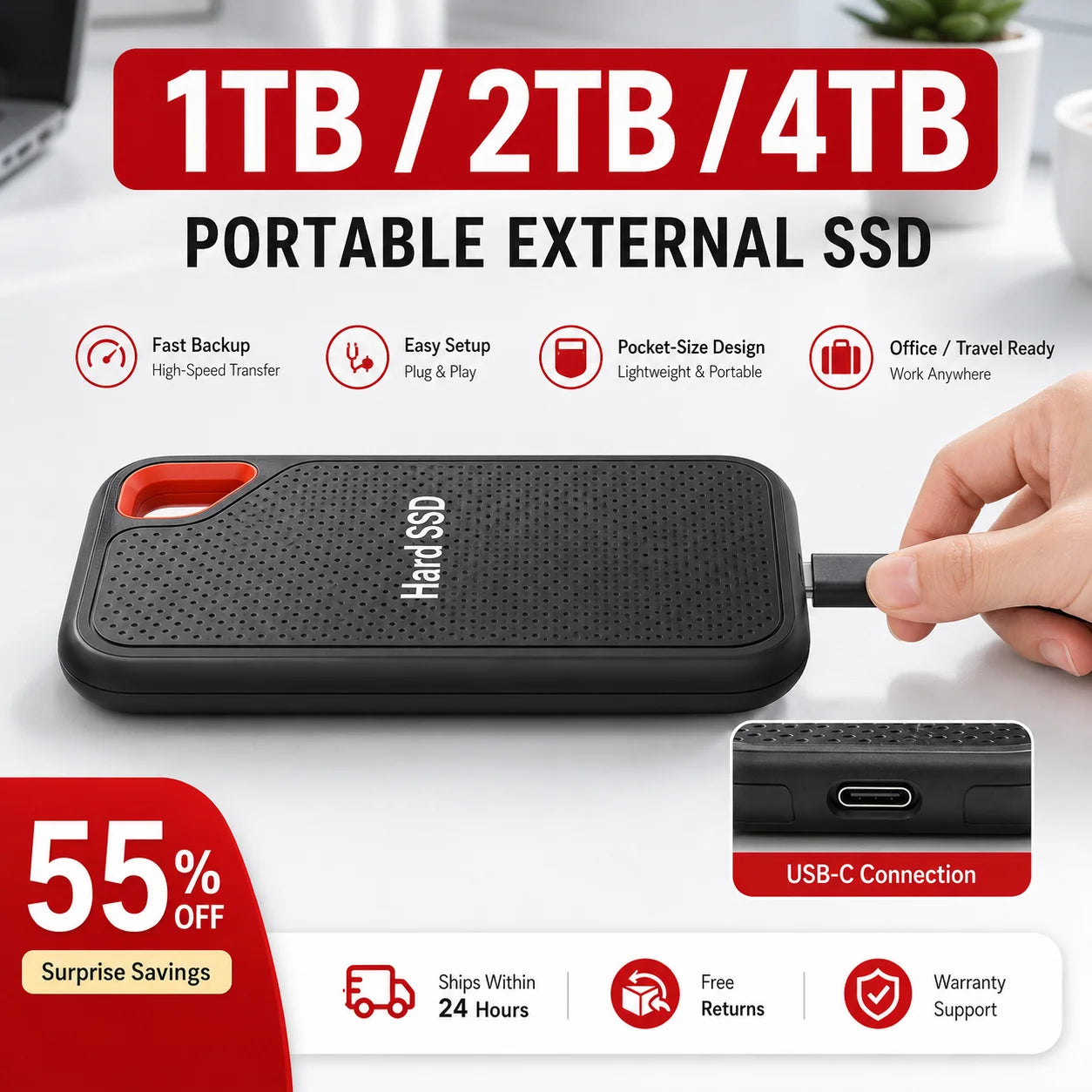 Disque Dur SSD Externe Portable USB 3.1 Type-C – Haute Vitesse, 1To à 16To, Compatible Laptop & Mac