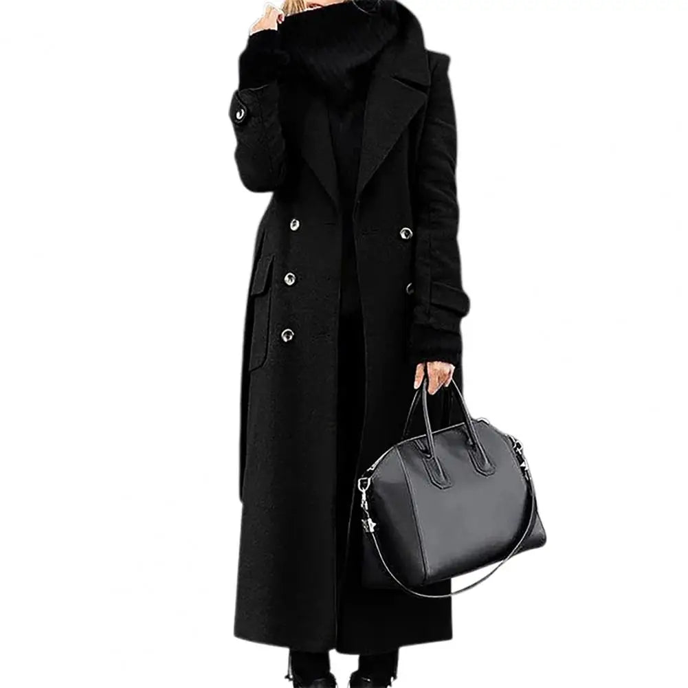 Manteau Long Femme Double Boutonnage – Col Rabattu, Coupe Slim, Poches