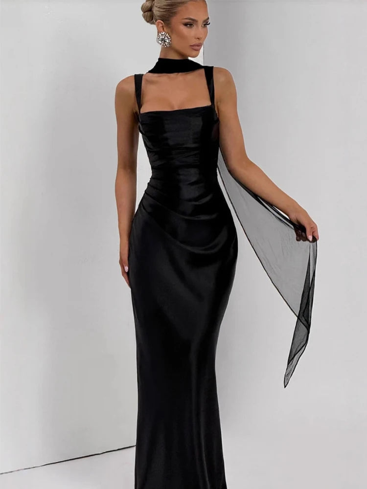 Robe Longue Dos Nu en Satin – Coupe Slim Sirène, Sans Manches, Soirée & Mariage