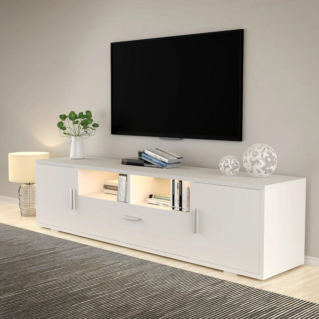 Meuble TV LED RGB 160 cm Style Scandinave – 16 Couleurs | 2 Portes | 1 Tiroir | Étagères Verre | TV 70"
