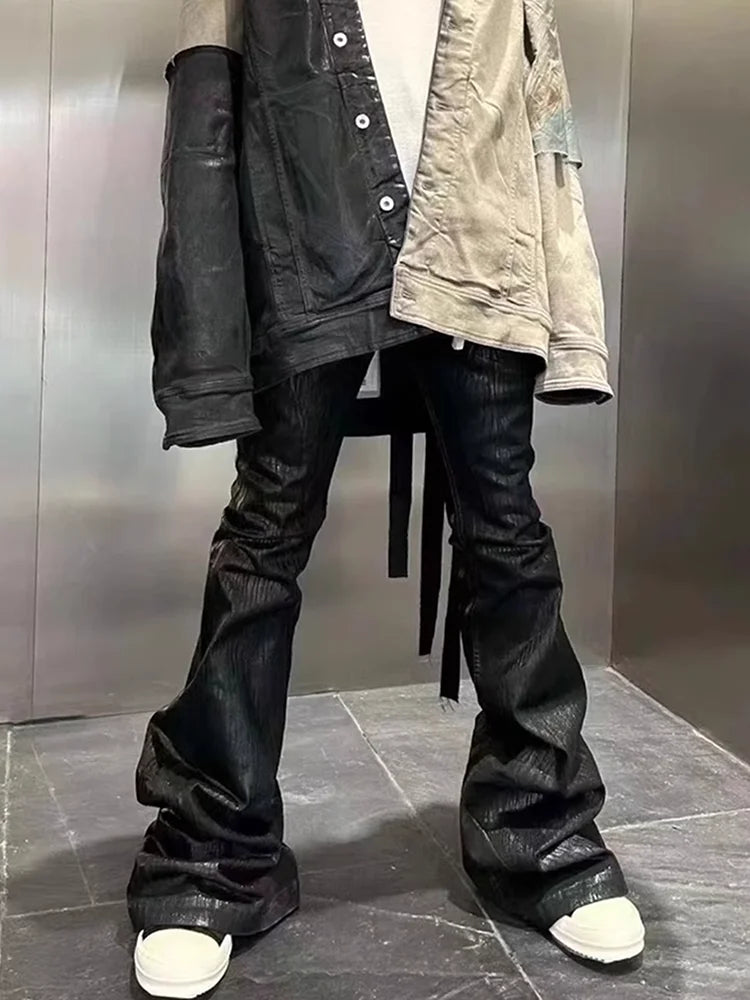Jean Flare Wax Effet Cuir Noir Homme Y2K Streetwear Baggy Oversized Tailles M-XXL Asia