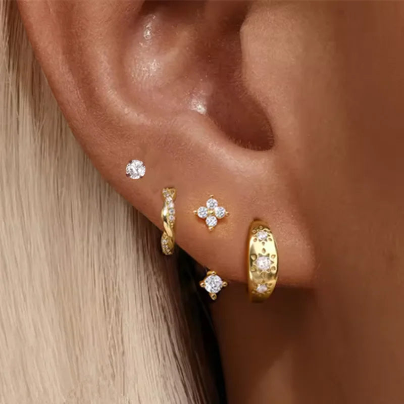 Lot de 4 Boucles d'Oreilles Créoles Zirconia – Étoile & Fleur, Acier Inoxydable, Femme