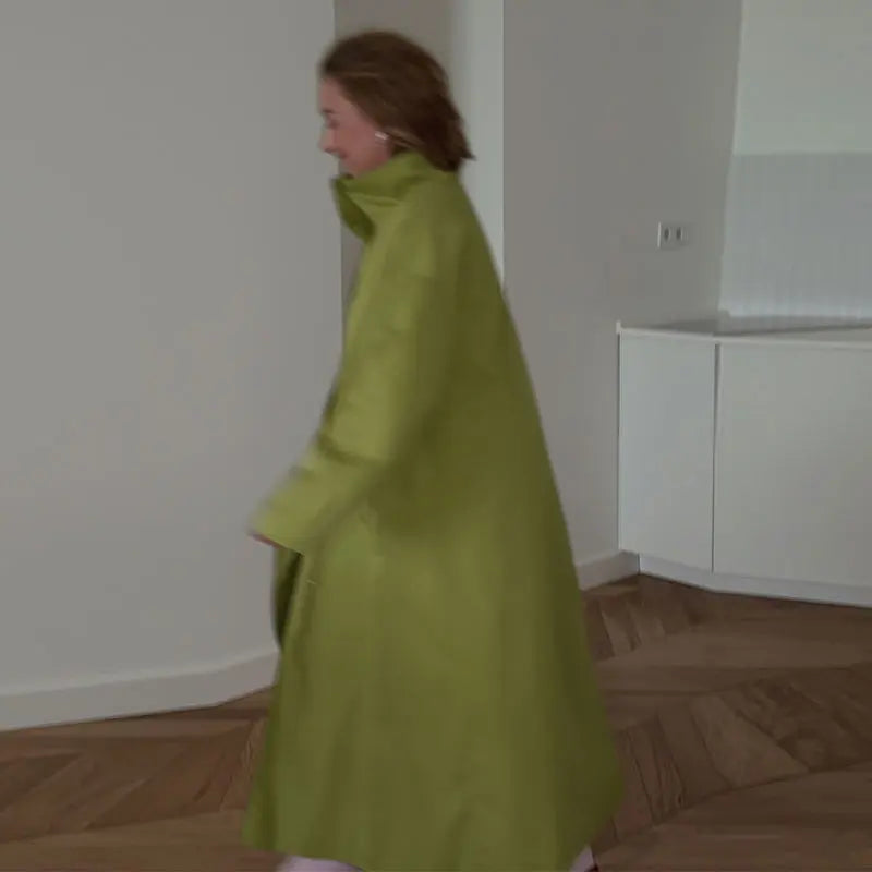 Trench Coat Femme Col Montant – Bouton Métal | Épaules Tombantes | Poches | Long | Casual | S-M-L