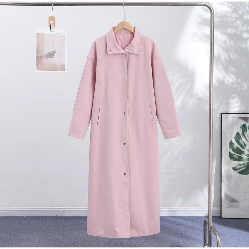 High Street Stand Collar Long Windbreakers 2026 Autumn New Ladies Solid Single-breasted Full Sleeve Trench Coat Women's Outwear