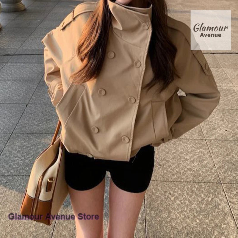 Französisch-britischer, doppelreihiger Khaki-Trenchcoat für Damen, Herbst und Winter, Maillard-Stil, hochwertiger, lockerer Freizeitmantel