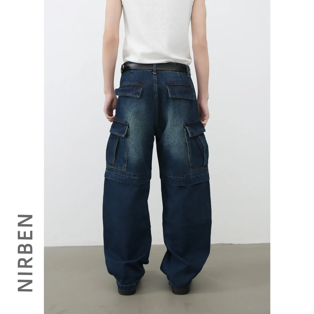 Jean Droit Homme Style Américain – Denim Lavé Multi-Poches Coupe Loose | Bleu