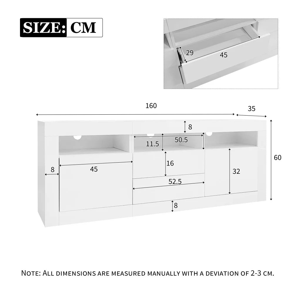 Meuble TV Haute Brillance LED 160x35x60 cm – 3 Niches | 2 Portes | 2 Tiroirs | TV 70" | App Bluetooth