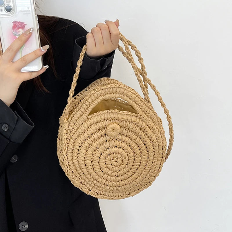 Round Straw Crossbody Bag Handmade Woven Shoulder Bag For Women Summer Beach Bag Bohemia Travel Small Handbag and Purse