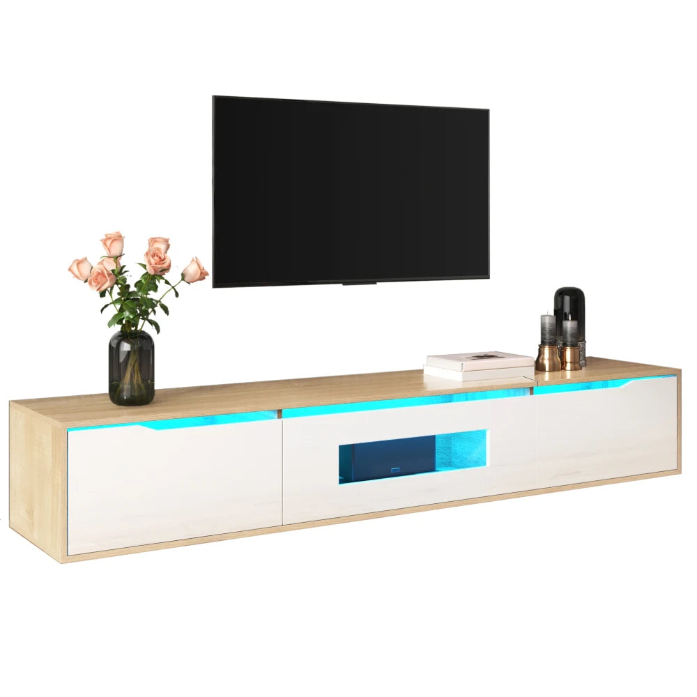 Meuble TV Haute Brillance 180x35x30 cm – LED 16 Couleurs USB | Mural ou Sol | Noir & Blanc | 60 kg