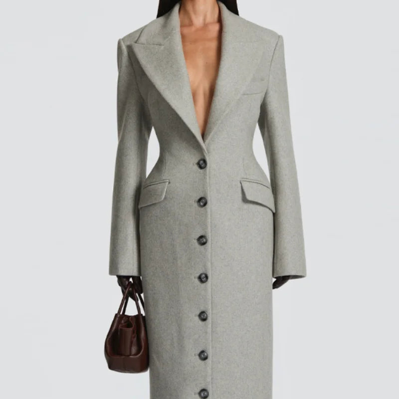 Manteau Long Femme Col V Ceinturé – Épaulettes & Boutonnage Simple | Hiver 2025