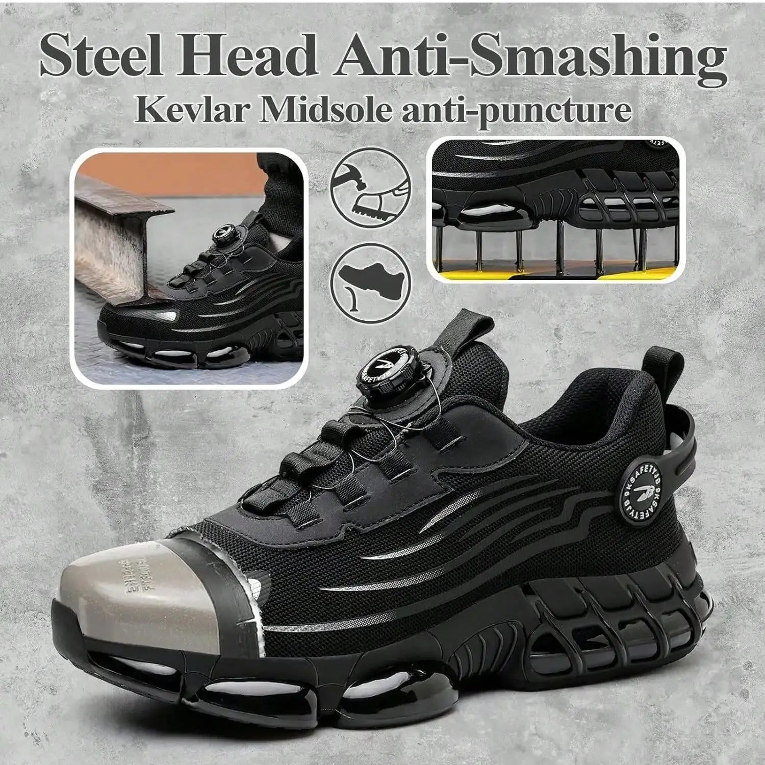 Rotary Button Safety Shoes 37-48 Size for Men, Men Women Steel Toe Cap Sneakers Lace-free Shoes Puncture-proof Anti-smash Boots