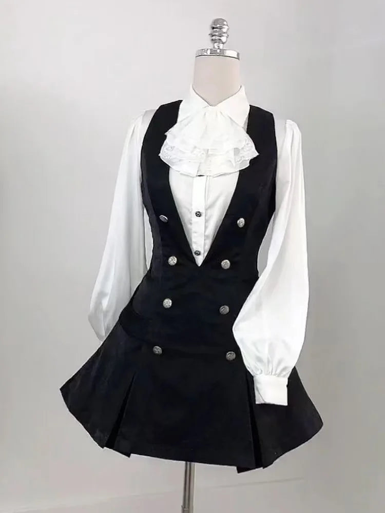 Ensemble 3 Pièces Harajuku Rétro Chic – Chemise à Manches Bouffantes, Gilet & Mini Jupe Femme