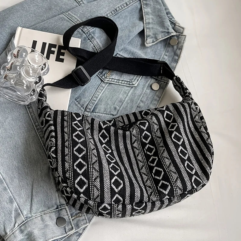 Tribal Style Shoulder Bag, Foldable Crossbody with Zipper Closure, Striped Pattern, Flag Theme Hand Washable Edge Painted Lining
