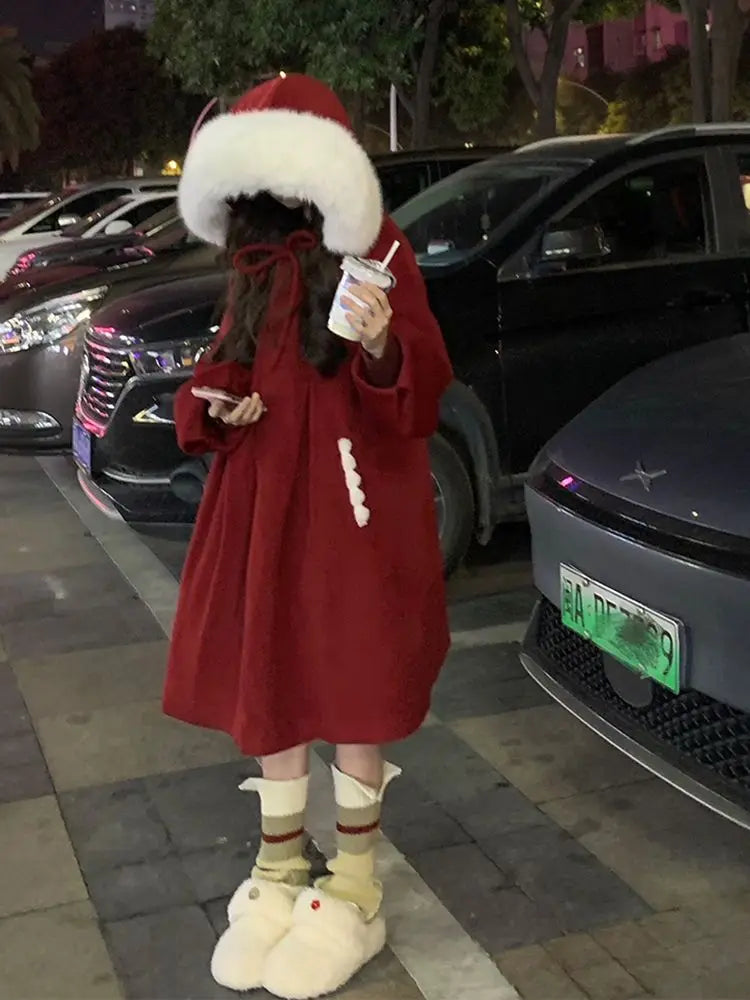 Manteau en laine à capuche épais avec grand col – Édition hiver