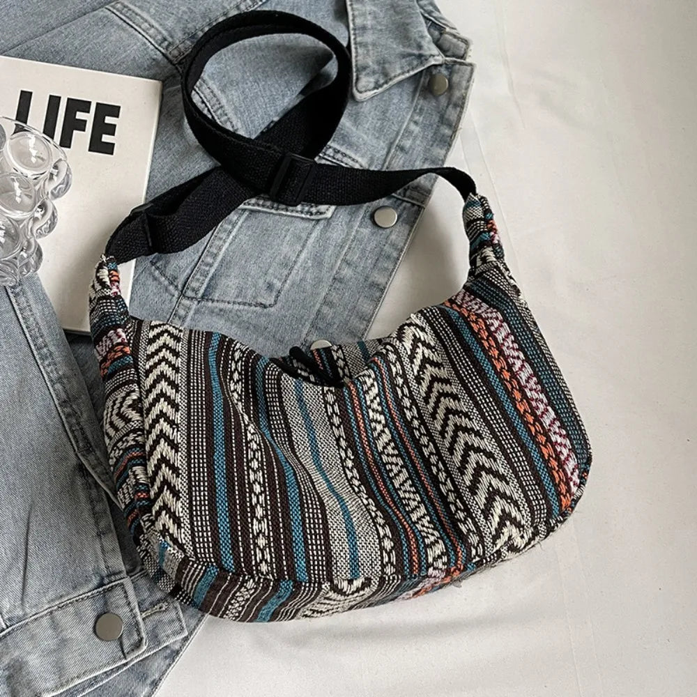 Fashion Tribal Style Shoulder Bag Striped Pattern Large Capacity Crossbody Bag Canvas Zipper Closure Messenger bag Ladies