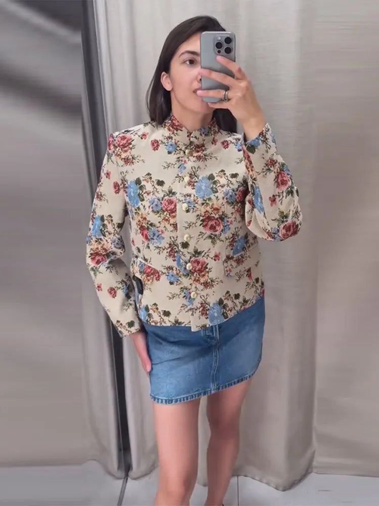 Veste Femme Col Montant à Fleurs – Epaulettes, Boutonnage Simple, Imprimé Vintage, Automne-Hiver 2026