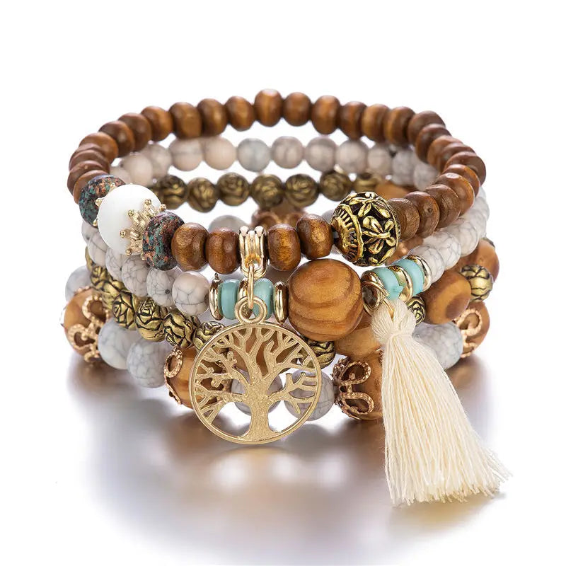 Set Bracelets Femme Bohème Arbre de Vie – Perles Bois & Glands