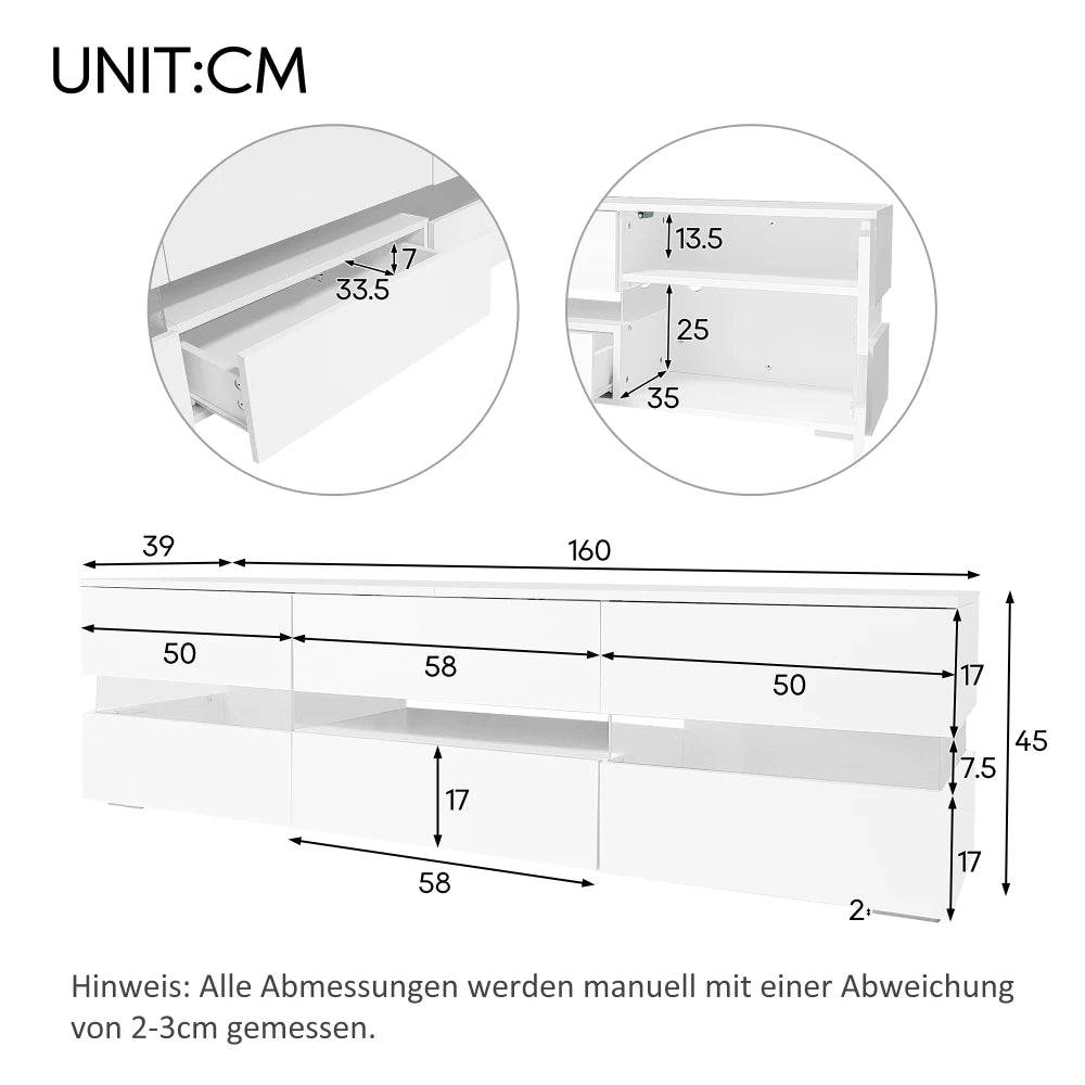 Armoire TV Haute Brillance 160x39x45 cm – LED | 2 Portes Acrylique | 1 Tiroir | TV 70" | Blanc ou Noir
