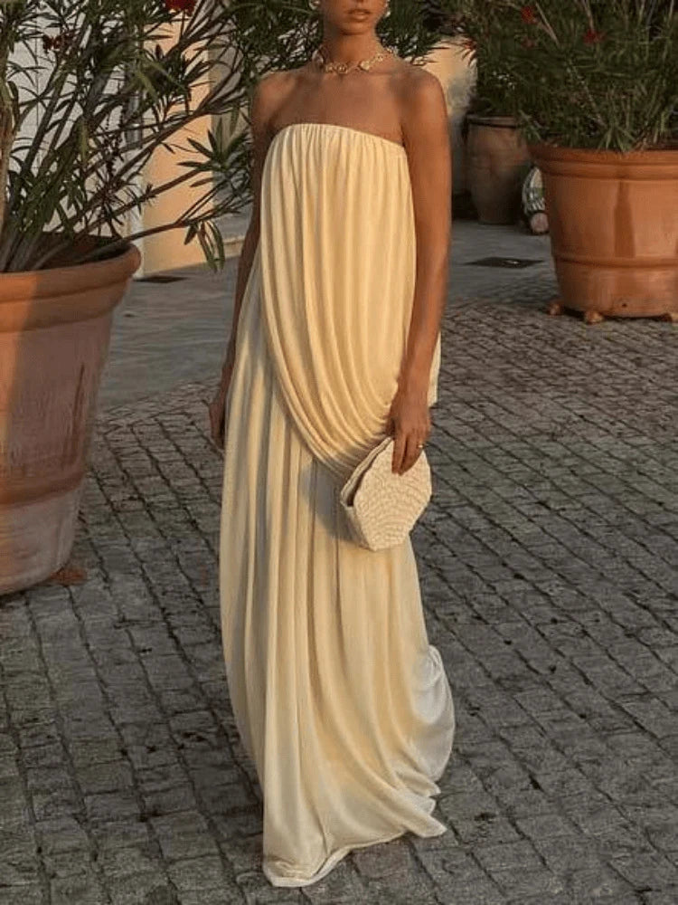 CHNMR Robe Maxi Plissée Sans Bretelles Femme – Dos Nu, Fluide, Plage & Soirée | Été 2026
