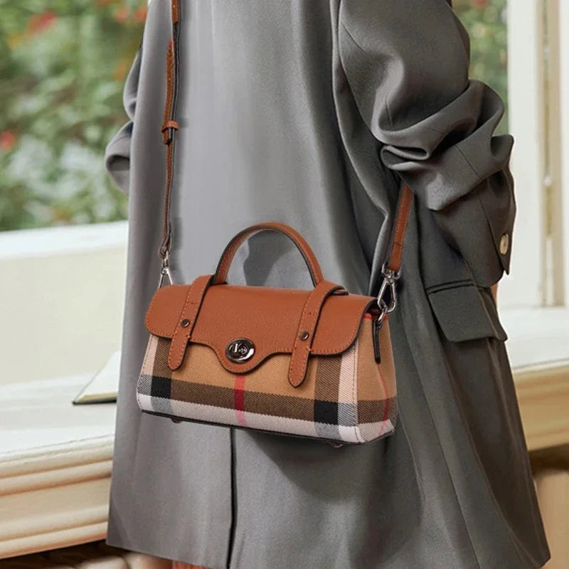 Mini Sac Boston À Carreaux Femme – Toile & Cuir Végétal, Bandoulière & Main