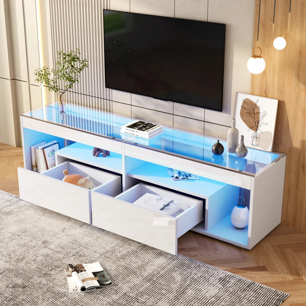 Meuble TV LED Haute Brillance 180x40x46 cm – Verre Trempé | 2 Tiroirs | TV 70" | Blanc ou Noir