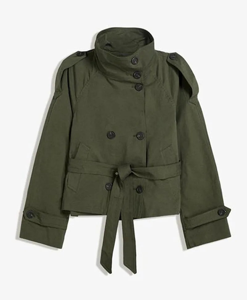 New Women's Solid Color Trench Coat Stand Collar Double Breasted Waist Tie Elegant Commuter Casual Loose Comfortable Warm Outfit
