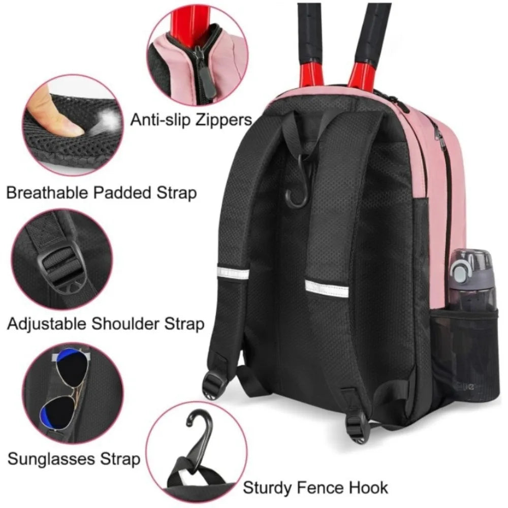 Zipper Closure Tennis Backpack Large Capacity Reversible Pickleball Rackets Backpack Durable with Shoe Pocket