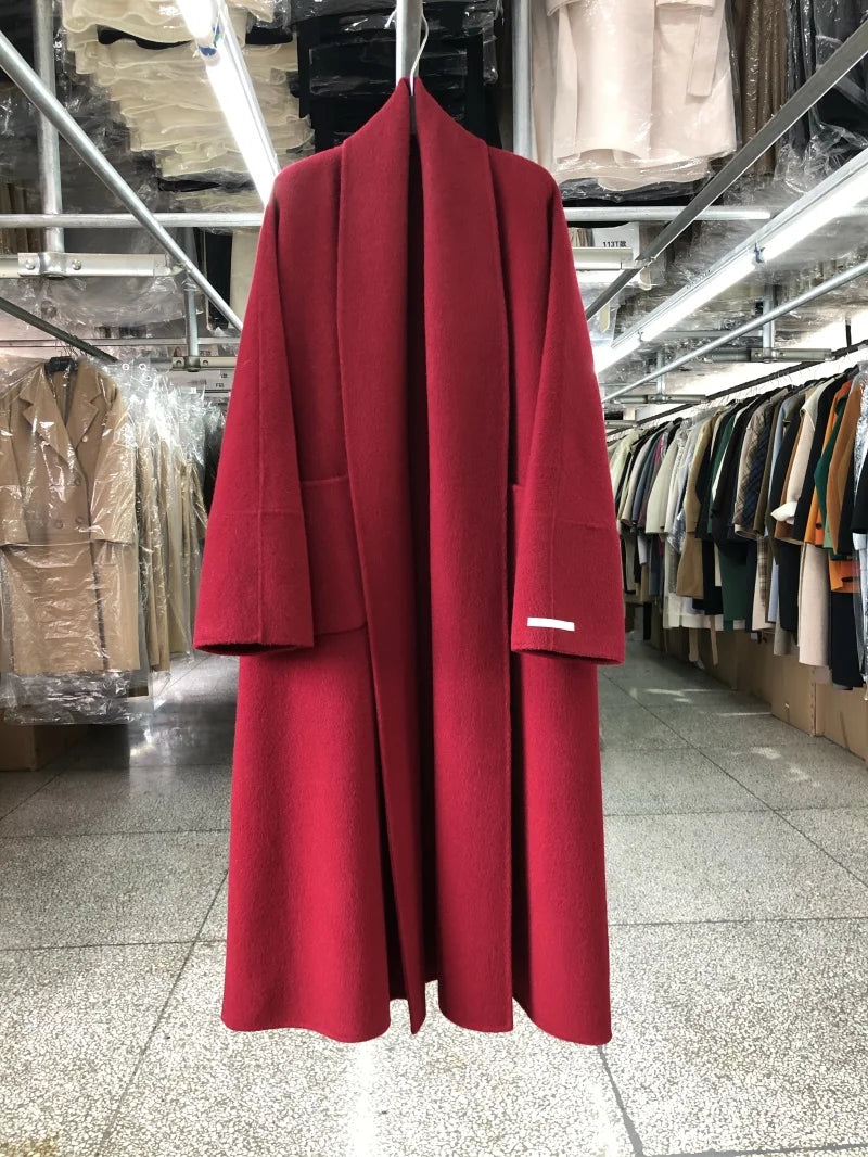 Big Collar Bademantel-Stil Doppelseitiger Kaschmirmantel für Damen Herbst Winter Lange Schöne Wollmäntel Lockere Einfache Wollmantel