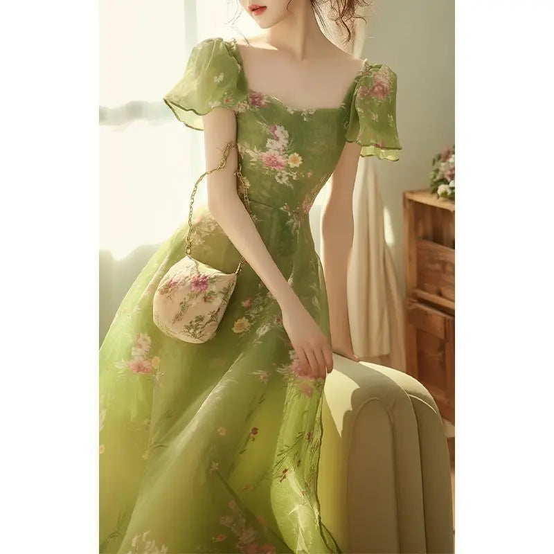 Robe Longue Chiffon Imprimé Floral Femme – Style Français Féerique, Vacances Été