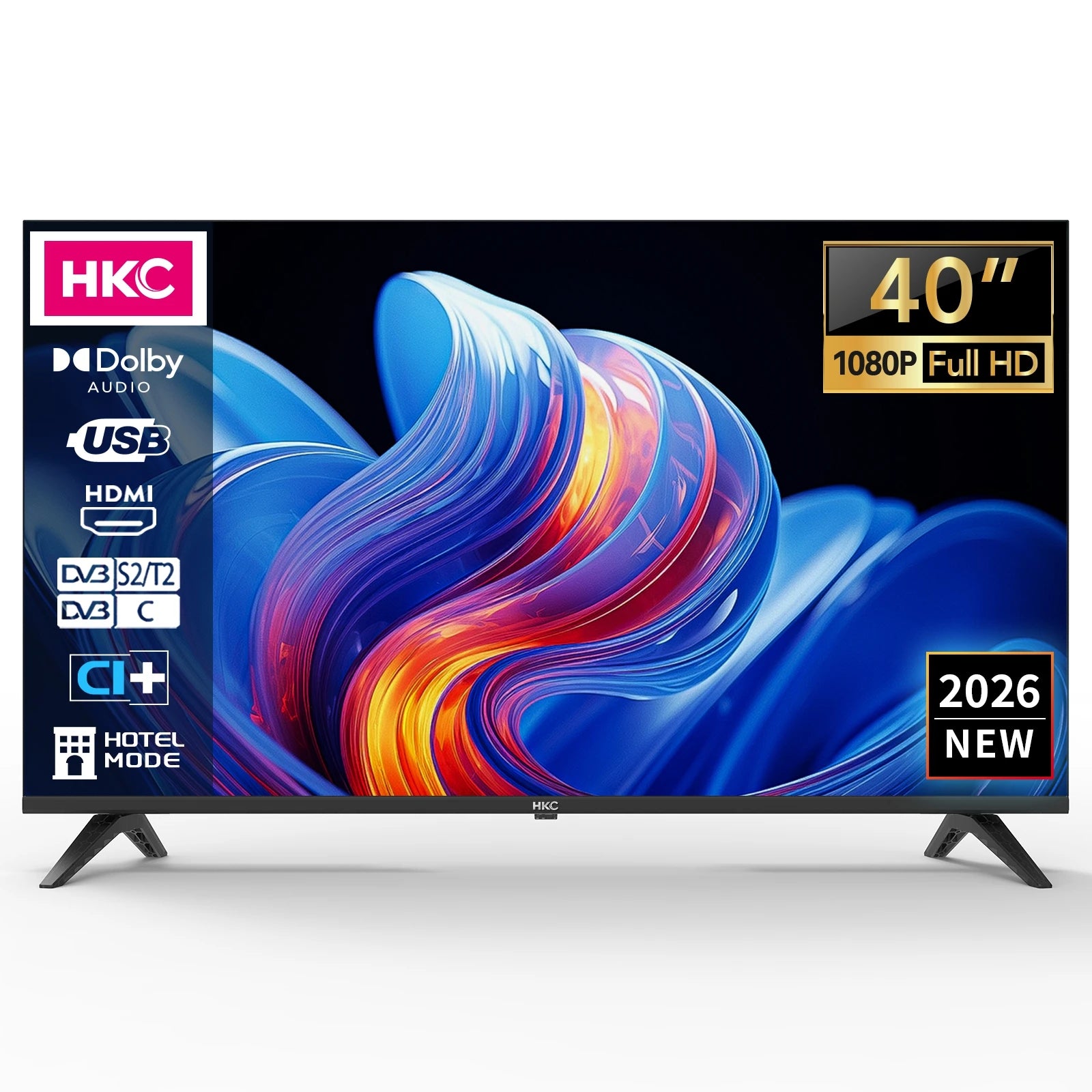 TV HKC 40" FHD Basique – Dolby Audio | DVB-T2/S2/C | 3x HDMI | Direct LED | Finition Métal | Noir