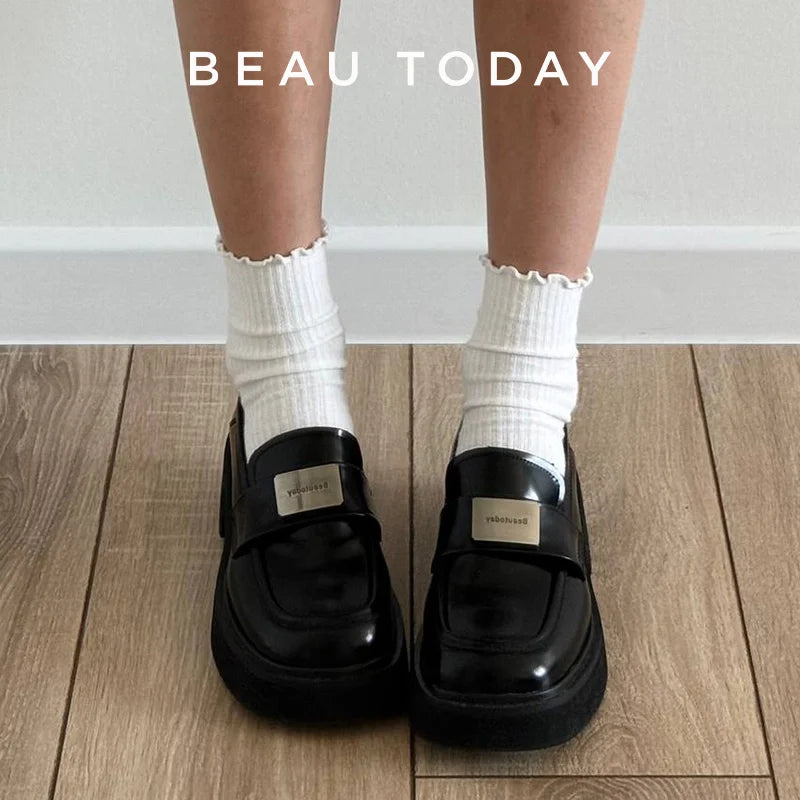 Mocassins Femme BeauToday – Cuir Véritable, Bout Rond & Décor Métal Argenté | Fait Main