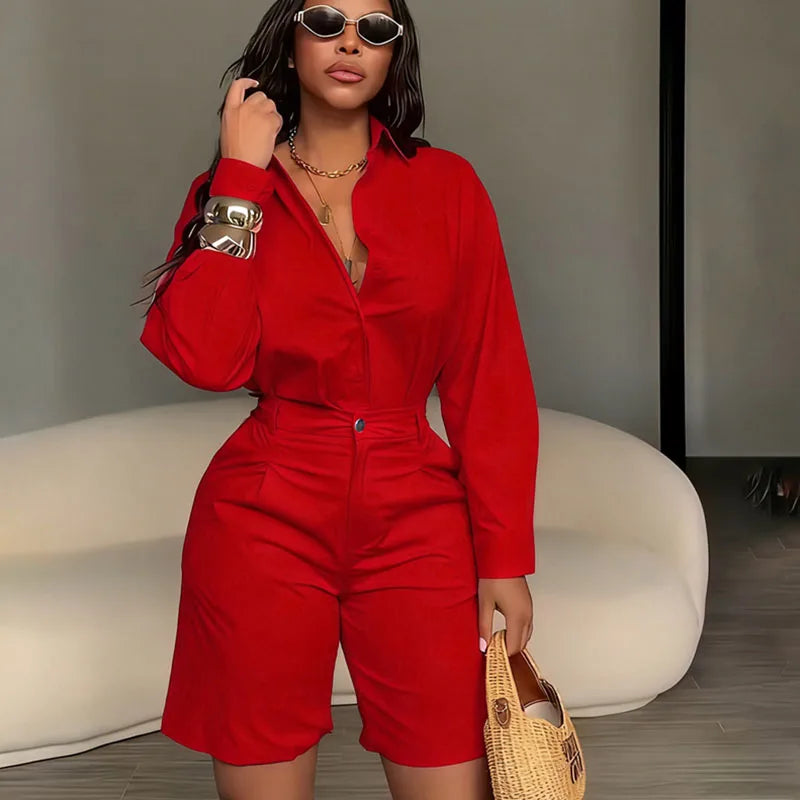 Doyerl Solid Elegant Fashion Zweiteiliges Set Damenbekleidung Lässiges Langarmhemd Top und Shorts passende Sets Ensembles Femme