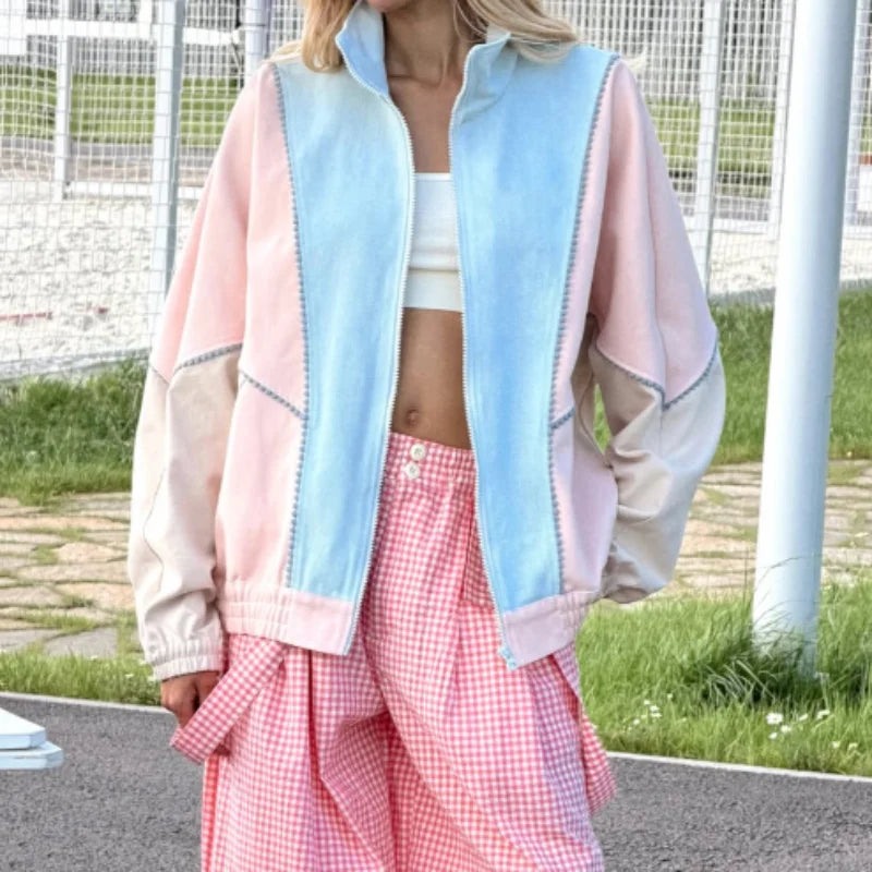 Stand Collar Zip Up Denim Bomber Jacket Elastic Cuff Long Sleeve 2026 Summer Women Outerwear Versatile Fashion Lady Chaqueta